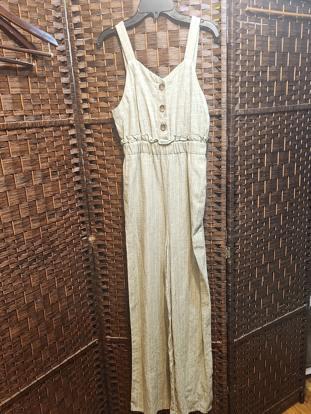 Romeo & Juliet Couture Beige Striped Linen Jumpsuit